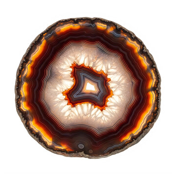 Circular polished agate slice showing concentric rings on transparent background with brown cream colors