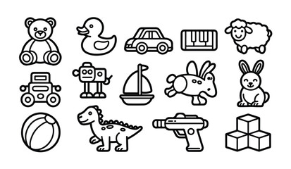 Children toys outline collection including teddy bear robot dinosaur car and piano icons. © Md Rony