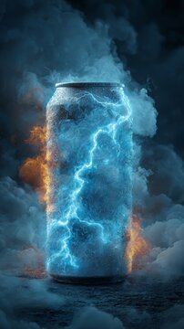 Aluminum can with lightning and electric glow surrounded by icy mist and fire. Energy drink concept with powerful storm effect. Dynamic refreshment visual for beverage advertising campaign.