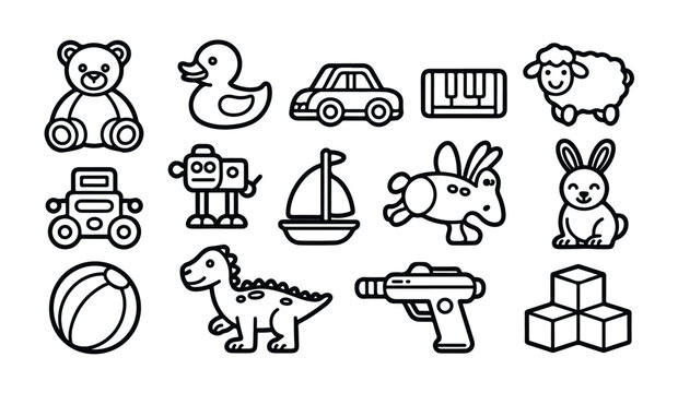 Children toys outline collection including teddy bear robot dinosaur car and piano icons.
