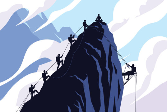Determined team of brave mountain climbers using ropes to reach the steep snowy peak of a high mountain together.