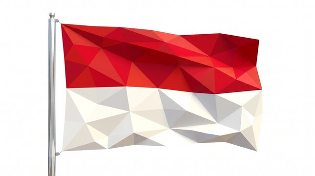 Low Poly Geometric Illustration of the National Flag of Indonesia Waving on a Silver Flagpole Isolated on White Background
