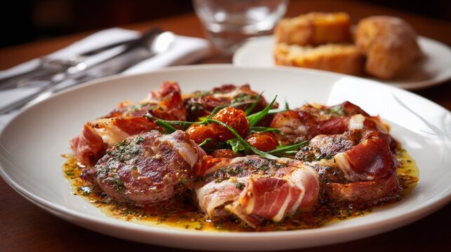 Pork medallions wrapped in prosciutto served with roasted cherry tomatoes and herb sauce on a white plate. Gourmet meal dish at a restaurant. Fine dining, culinary art and food concept.