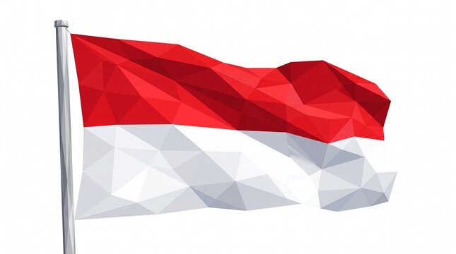 Low Poly Geometric Illustration of the Indonesian National Flag Waving Proudly on a Metal Pole Against a White Background