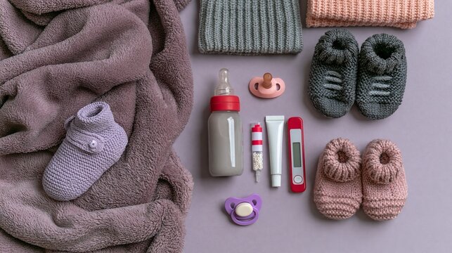 Flat lay of baby essentials including knitted booties and feeding bottle on a soft blanket