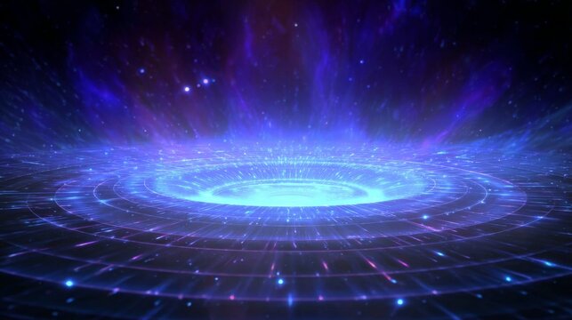Abstract blue portal with glowing radial light lines in deep space. Futuristic digital tunnel backdrop with energy effect. Cosmic vortex event horizon and science fiction concept.