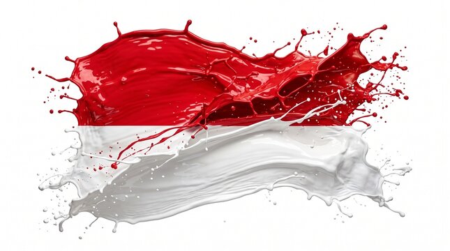Artistic Paint Splash Representation of the National Flag of Indonesia with Red and White Dynamic Liquid Colors on White Background