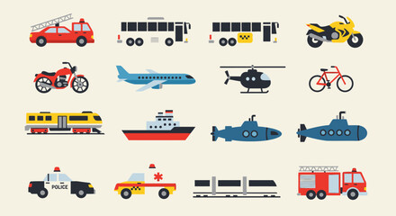 Colorful flat transport vehicles and emergency service icons © asd