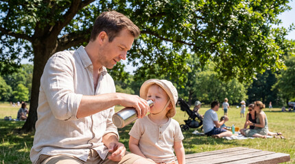 Naklejka premium Father giving water to his son from a reusable bottle on a hot summer day in the park, staying hydrated
