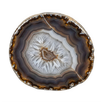 Circular polished brown agate mineral slice isolated on transparent background with displays circular