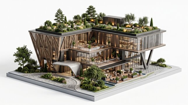 Modern Architectural Marvel Integrating Lush Green Rooftop Gardens and Vertical Plantings, Showcasing Sustainable Urban Design and Eco-Friendly Building Practices