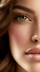 Fototapeta premium beauty closeup with green eye and flawless skin, glamorous female eye lips and makeup detail, luxury beauty portrait with elegant cosmetic look