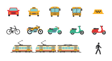 Vibrant city transportation icons including taxis and public transit. © asd