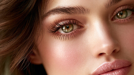 Fototapeta premium beauty closeup with green eye and flawless skin, glamorous female eye lips and makeup detail, luxury beauty portrait with elegant cosmetic look