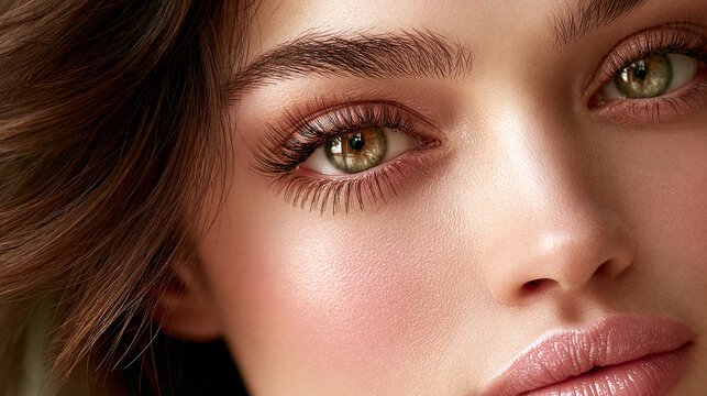 beauty closeup with green eye and flawless skin, glamorous female eye lips and makeup detail, luxury beauty portrait with elegant cosmetic look