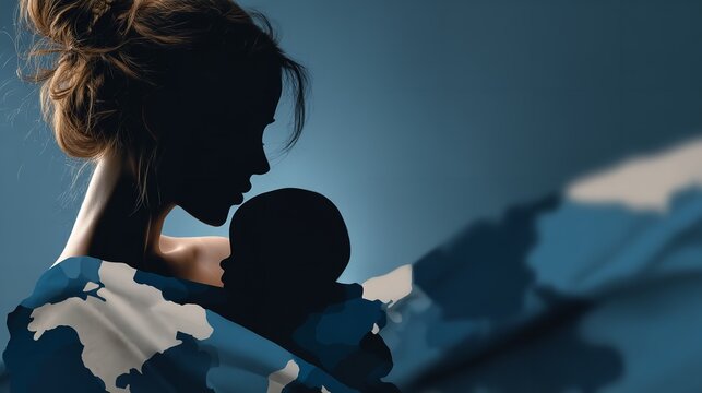 Mother embracing her infant with a world map digitally overlaid