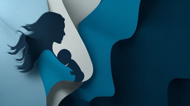 Motherhood Silhouette Holding Newborn Baby in Abstract Blue Tones