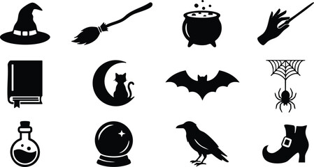 Set of black silhouette featuring witch hat, broomstick, cauldron, magic wand, spell book, crescent moon, bat, spider web, and raven © GFX