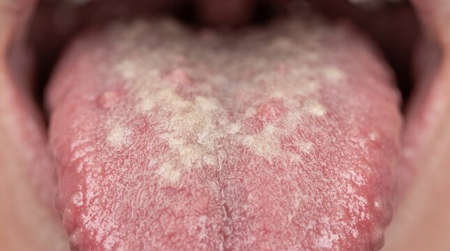 Oral Candidiasis Infection and Coated Tongue Pathology Close Up