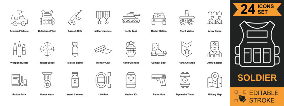 Military Soldier Icon Set. Contains army, soldier, tactical, defense, combat, survival, battlefield, equipment, patrol, protection and more. Editable stroke vector illustration