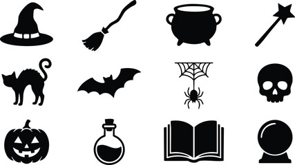 Set of halloween featuring witch hat, broom, cauldron, magic wand, black cat, bat, spider web, skull, pumpkin, potion and crystal ball © GFX