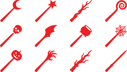 Set of twelve red silhouette depicting various magic wands with different toppers like a crescent moon, star, skull, pumpkin, and spider web © GFX