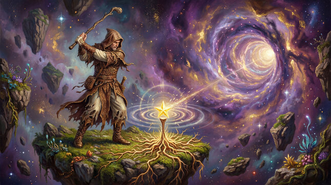A fantasy mage on a floating rocky island uses a wooden staff to hit a glowing golden star into a vibrant, swirling cosmic portal