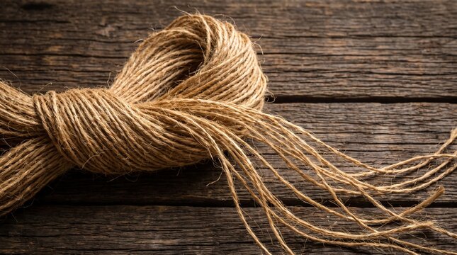 Unraveling natural fiber bundle resting on a rustic dark wooden surface with a textured organic style