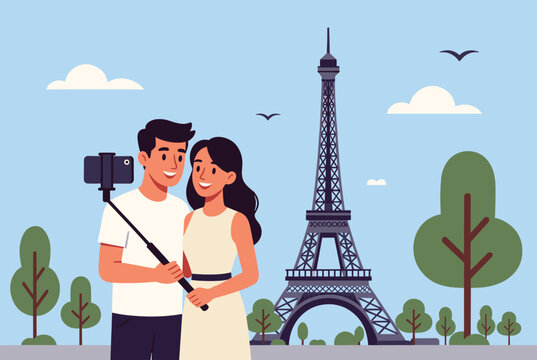 Happy couple taking a selfie using a smartphone monopod with the famous Eiffel Tower in Paris background.
