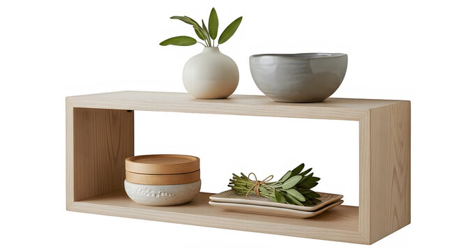 Minimalist wooden floating shelf with decorative ceramics on transparent background with organization