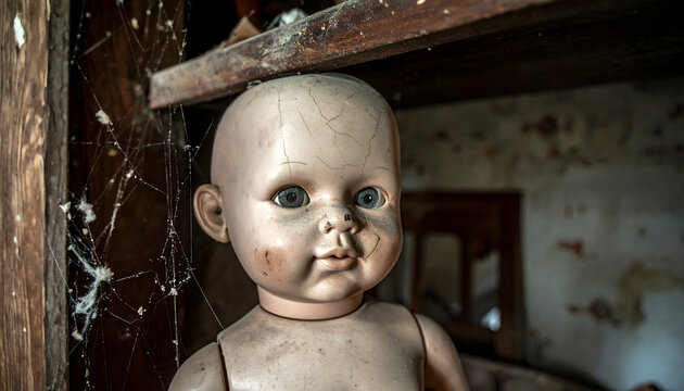 An old doll's head with a creepy expression sits on a shelf in an abandoned room.