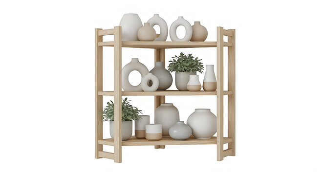 Minimalist wooden shelving unit with decorative vases on transparent background with three tiered wooden