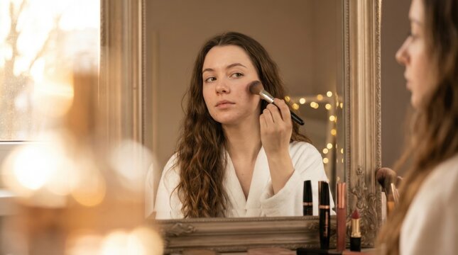 A woman is applying blush to her cheek while looking into a mirror. The setting is a well-lit room with a warm atmosphere