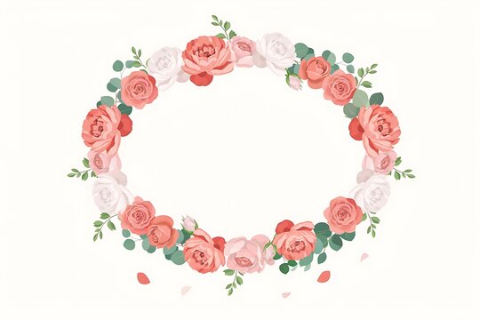 Floral wreath with coral and white roses isolated on white background