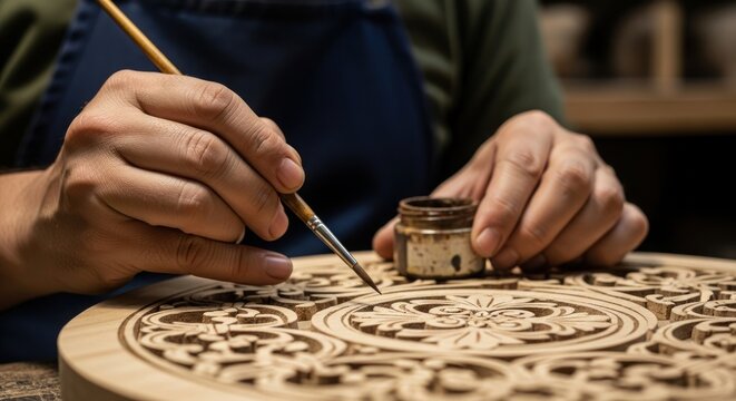 An artist is focused on painting a wooden design inside a workshop with tools and materials around, creating a unique piece