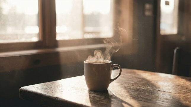 A cup of coffee rests on a wooden table in a cafe after the sun rises outside. Steam rises from the cup as light fills the room