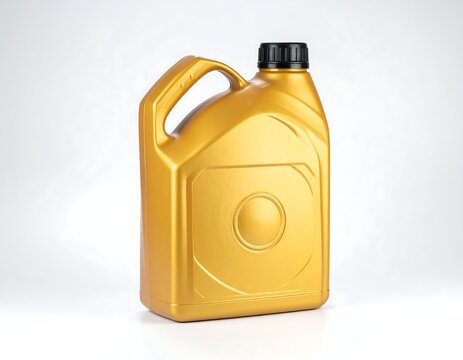 A shiny gold-colored plastic container with handle and black cap