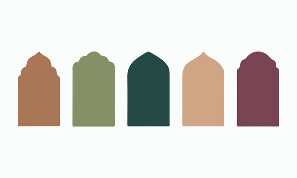 Set of five elegant arch shapes in various earth tone colors, traditional arabic window frames, mosque gate silhouettes, islamic architectural elements isolated on white background.