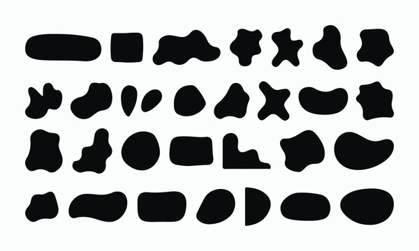 Set of abstract blob shapes, liquid amoeba elements, organic fluid forms, modern irregular splat designs, black silhouette contemporary graphic vector collection, various creative patterns.