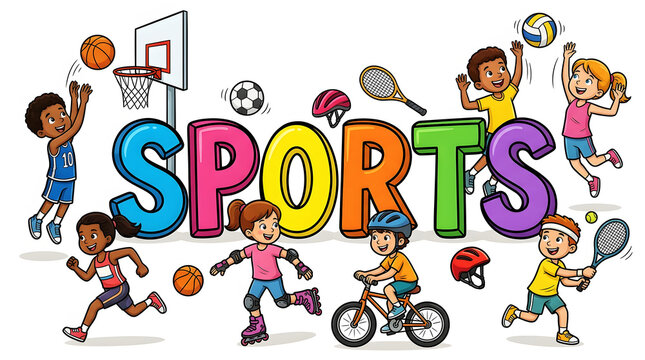 Children playing various sports in colorful basketball soccer tennis