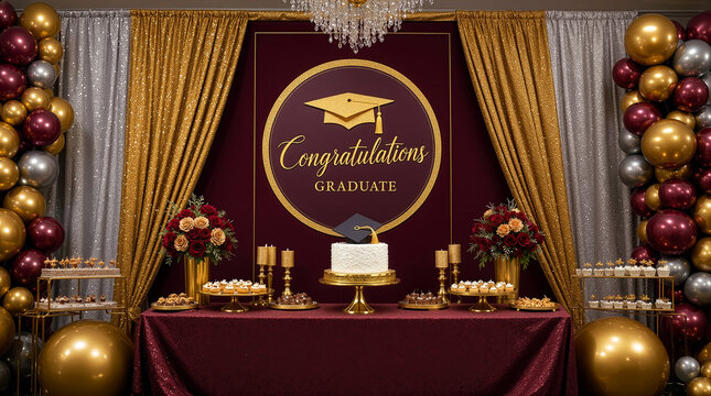 Elegant graduation dessert table with white cake and cupcakes, gold maroon balloons, floral arrangements and Congratulations Graduate sign, graduate backdrop