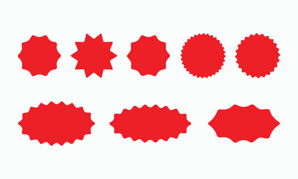 Set of red starburst shape collection, various sunburst badges, explosion labels, sale stickers, discount offer symbols, special promotion tags, empty price mark elements isolated on white.