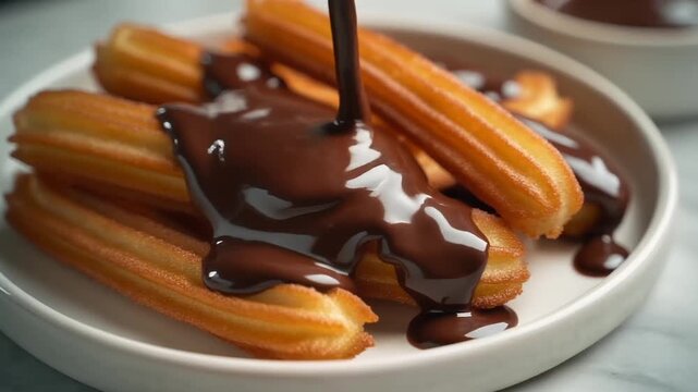 Pouring Melted Chocolate Sauce Over Crispy Fried Churros on a White Plate