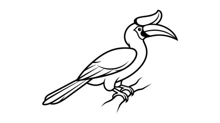 A minimalist vector illustration of a hornbill perched on a branch in a natural setting © Arsyila