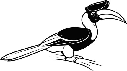 A minimalist vector illustration of a hornbill perched on a branch in a natural setting. © Arsyila