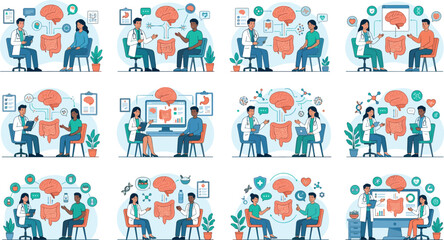 Fototapeta premium Mental Health Therapy And Psychological Counseling Vector Illustration Collection Featuring Patient Consultation Brain Wellness And Emotional Support