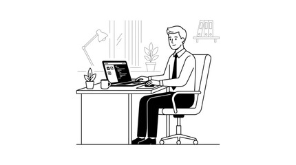 Fototapeta premium A man sitting at a desk in an office using a laptop computer