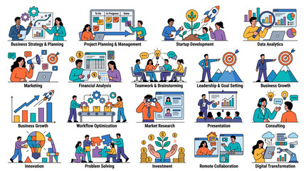 Fototapeta premium Teamwork. Vector illustrations for a team of people in various business activities, management, communication and project development from startup to launch.
