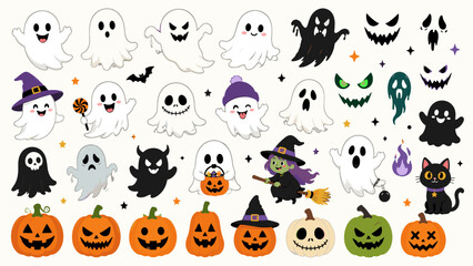 Fototapeta premium Cute Halloween Ghosts and Jack O Lantern Pumpkins Cartoon Character Set