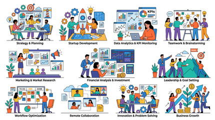 Fototapeta premium Teamwork. Vector illustrations for a team of people in various business activities, management, communication and project development from startup to launch.